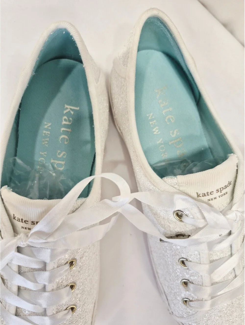 Kate Spade Women's 8 Trista White Glitter Lace Up Sneaker Shoes